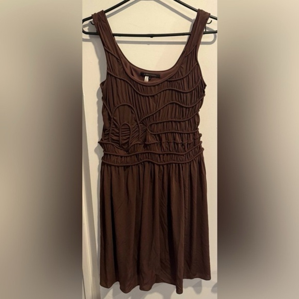 Vintage BCBGMaxAzria grecian smocked brown mini dress flared fitted flowy US2